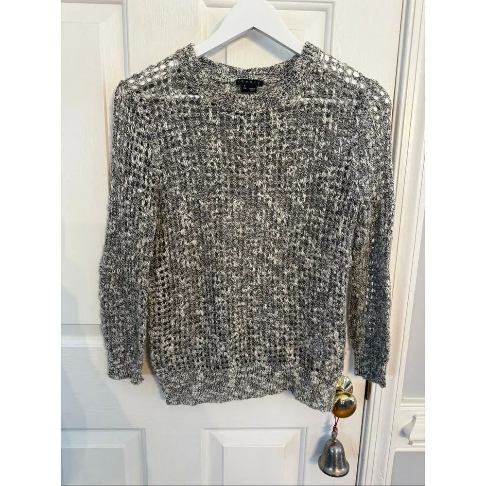 Theory Laora Gray Mixed Knit Open Weave Crew Neck Sweater sz S